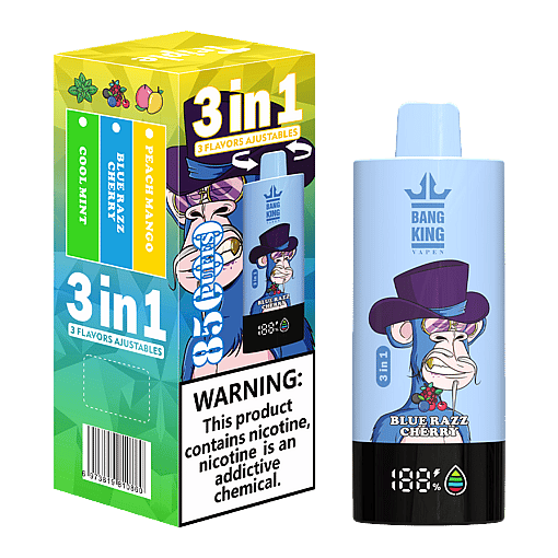 Bang King blue disposable vape with Blue Razz Cherry flavor, illustrated monkey wearing a purple top hat on light blue body, alongside the product's 3-flavor adjustable package showing Cool Mint, Blue Razz Cherry, and Peach Mango options with nicotine warning.