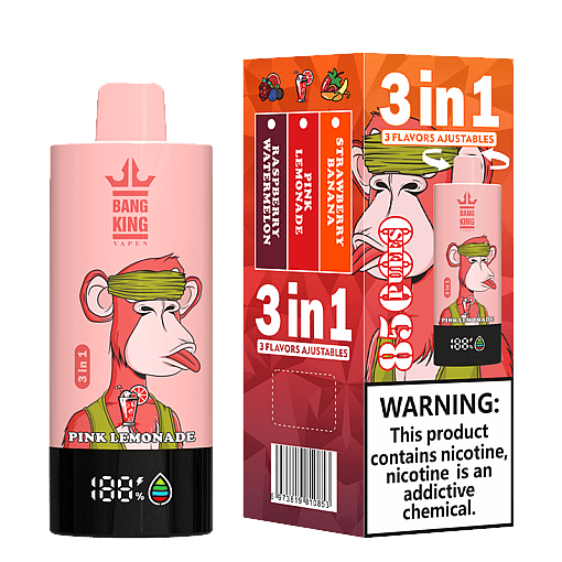 Pink lemonade flavored Bang King Vapen disposable vape device with a cartoon monkey wearing a green headband and a graphic of a pink lemonade drink on the bottle, next to its box prominently featuring 3 adjustable flavors: raspberry watermelon, pink lemonade, and strawberry banana with a warning about nicotine addiction.