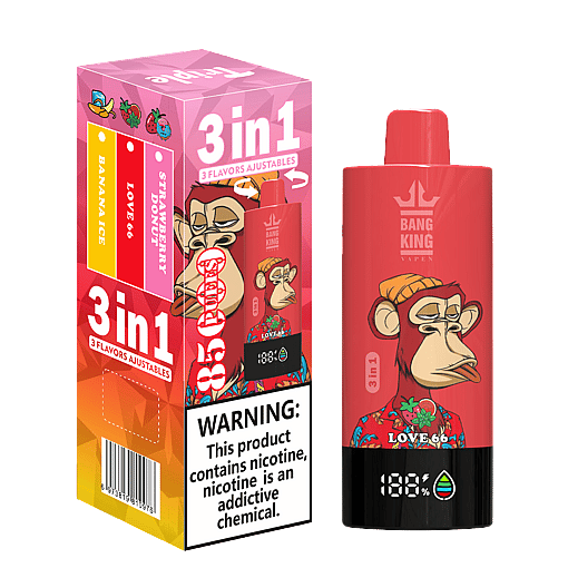 Red Bang King vape device with a cartoon monkey wearing a beanie and floral shirt, alongside its colorful packaging showing three adjustable flavors: Banana Ice, Love 66, and Strawberry Donut, with a nicotine warning label.