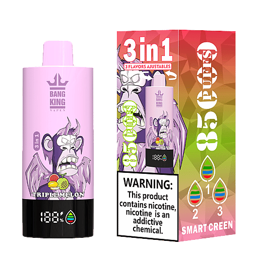 Pink vaping device labeled 'Bang King Vapen' with an angry cartoon monkey holding fruit, marked as '3 in 1' and 'Triple Melon', alongside its packaging highlighting '3 in 1', '3 flavors adjustable', '85 puffs', and a nicotine addiction warning.