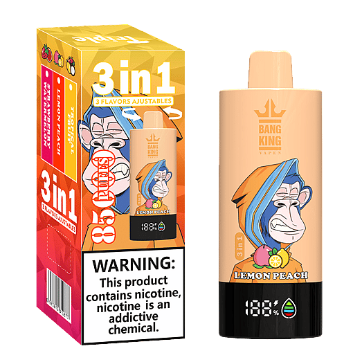 Bang King vape device in lemon peach flavor with an orange and blue hooded monkey illustration, alongside its yellow-orange packaging box showing three adjustable flavors: strawberry, lemon peach, and tropical, with a nicotine warning label.