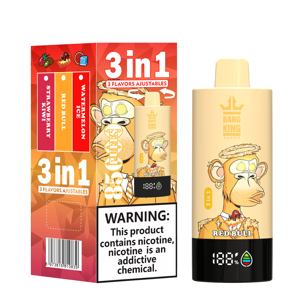 Bang King vape device and packaging featuring 3 adjustable flavors: strawberry kiwi, Red Bull, and watermelon ice, with a cartoon monkey wearing a suit and halo, and a nicotine warning label.