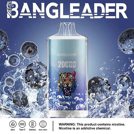 BANGLEADER disposable vape device labeled 'Blueberry Ice' with a colorful tiger graphic, surrounded by blueberries and splashing water, indicating the flavor; text at bottom warns nicotine addictiveness.