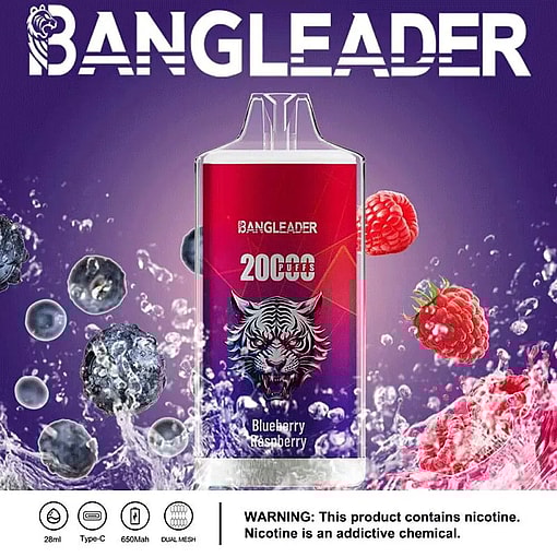 BANGLEADER branded vape device with 20000 puffs capacity, blueberry raspberry flavor, surrounded by splashing water, blueberries, and raspberries on a purple background with nicotine warning text below.