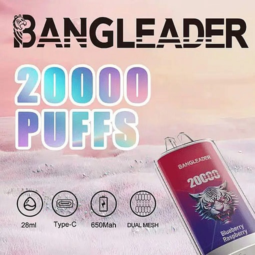 Pubblicità del marchio Bangleader che presenta un dispositivo per svapare usa e getta con la scritta "20000 PUFFS" evidenziata in un grande testo sfumato, raffigurante un dispositivo rosso e viola con l'etichetta "Blueberry Raspberry" con una grafica di una tigre e icone che indicano 28 ml di e-liquid, ricarica di tipo C, batteria da 650 mAh e tecnologia a doppia bobina a rete su uno sfondo rosa tenue.