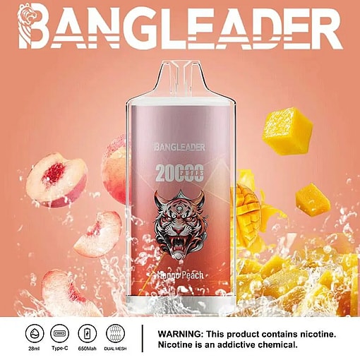 BANGLEADER branded mango peach flavored disposable vape device with 20,000 puffs, surrounded by splashing peach and mango fruit pieces on an orange background with a nicotine warning below