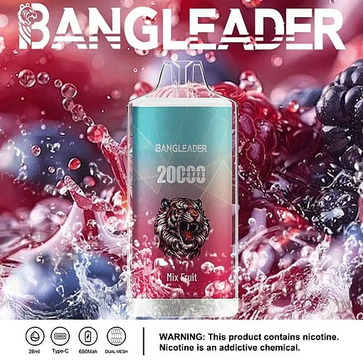 BANGLEADER disposable vape device labeled '20000 puffs' and 'Mix Fruit' with a roaring tiger logo, set against a backdrop of mixed berries and water splash, featuring product specifications and a nicotine warning below.