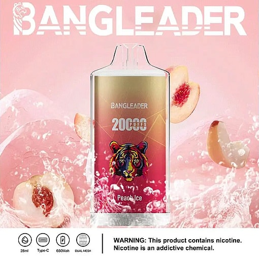 BANGLEADER disposable vape device with 20,000 puffs in peach ice flavor, featuring a colorful tiger illustration on a pink background with splashing water and peach slices, includes nicotine warning and product specifications icons.