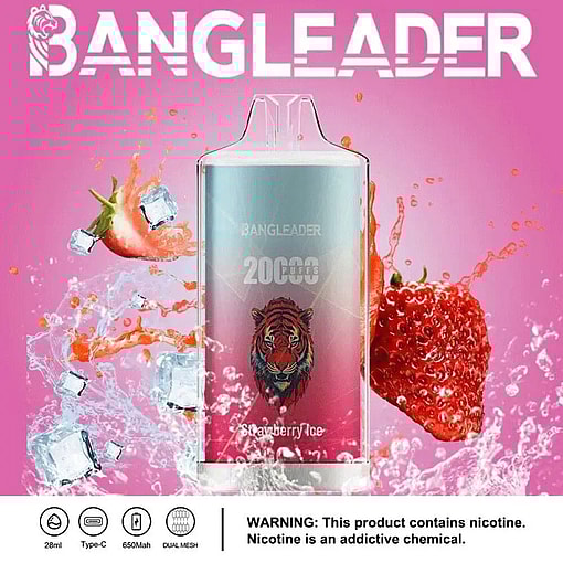 BANGLEADER branded vape device with a tiger logo, labeled for 20000 puffs in strawberry ice flavor, surrounded by splashes of water, ice cubes, and strawberries on a pink background with a nicotine warning below.