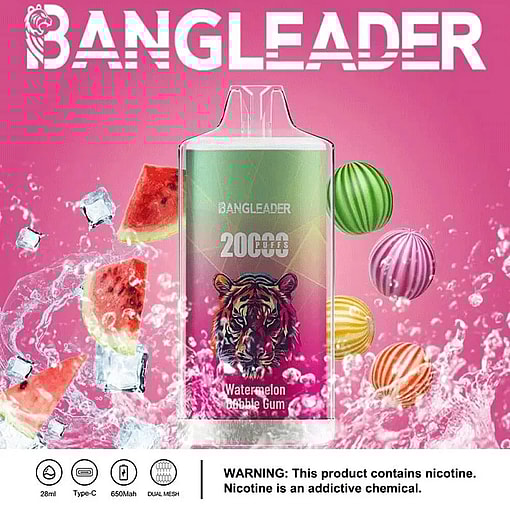 Colorful vape device labeled BANGLEADER with a tiger illustration, highlighting 20000 puffs and watermelon bubble gum flavor, surrounded by watermelon slices, candies, ice cubes, and splashing water on a pink background