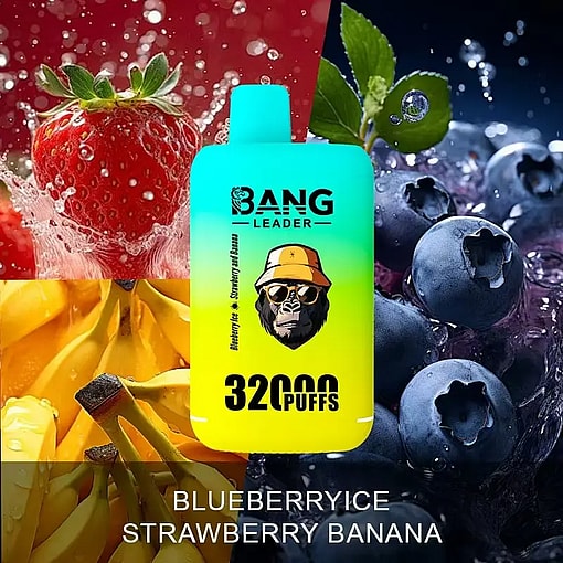 A yellow and blue vape device labeled Bang Leader 32000 PUFFS surrounded by fresh strawberries splashing in water, blueberries on ice with mint leaves, and bunches of ripe bananas, indicating blueberry ice, strawberry, and banana flavors.