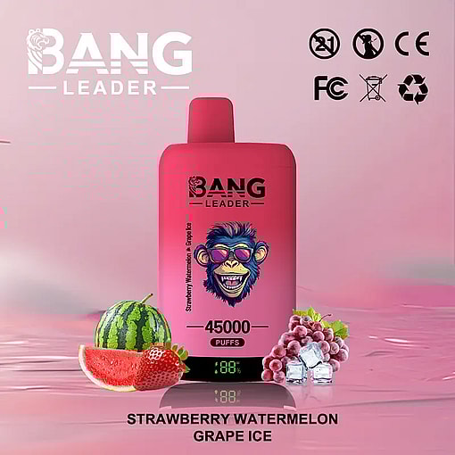 Pink Bang Leader vape device with a monkey wearing sunglasses illustration, surrounded by strawberry, watermelon slice, grape bunch with ice cubes, against a pink background, labeled strawberry watermelon grape ice flavor and 45000 puffs