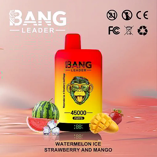 Colorful vape device with a monkey wearing sunglasses illustration, labeled Bang Leader and 45000 puffs, placed on a reflective surface alongside watermelon slices, ice cubes, a strawberry, and mango against a soft pink background with various certification icons