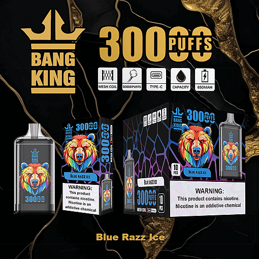 Bang King vape product packaging featuring the Blue Razz Ice flavor with a colorful bear illustration, highlighting 3000 puffs, mesh coil, type-C charging, liquid capacity, and 650mAh battery, along with nicotine addiction warning labels.