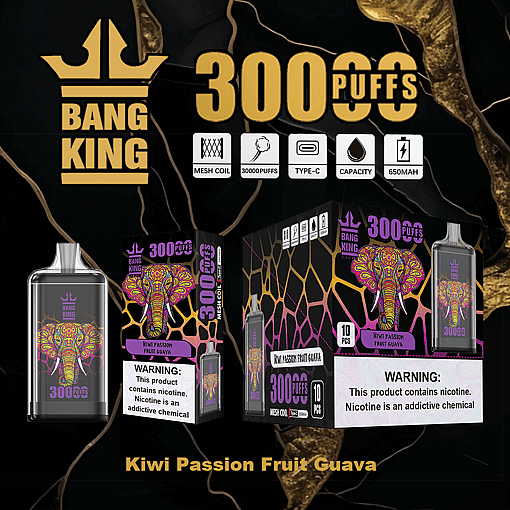 Bang King disposable vape devices and packaging featuring a colorful elephant design and labeled with 3000 puffs, mesh coil, Type-C charging, 650mAh capacity and Kiwi Passion Fruit Guava flavor, with nicotine warning labels.