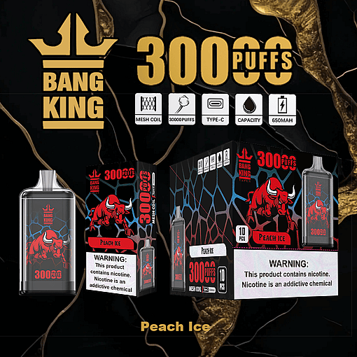 Bang King Peach Ice disposable vape devices and packaging featuring a red bull graphic, highlighting 3000 puffs, mesh coil, Type-C charging, capacity, and 650mAh battery with nicotine warning labels.