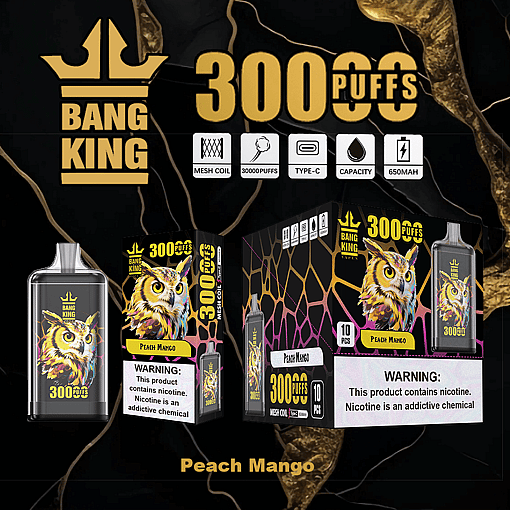 Bang King brand disposable vape device and packaging featuring a colorful owl illustration and labeled '3000 puffs' with peach mango flavor, mesh coil, Type-C charging, and 650mAh capacity; nicotine warning displayed.