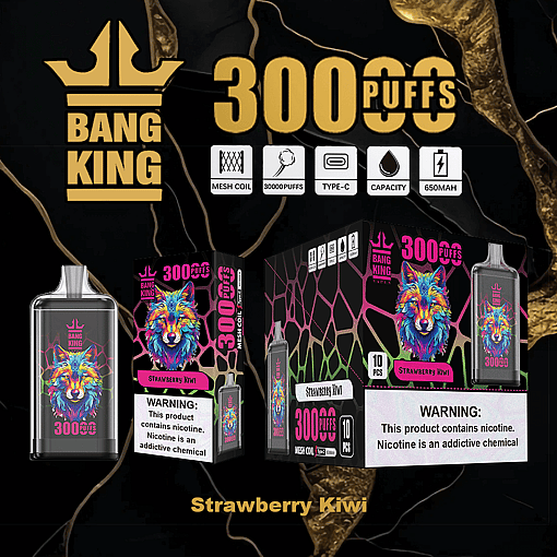 Bang King vape device and packaging in strawberry kiwi flavor featuring a colorful wolf illustration, 300 puffs, mesh coil, type-C charging, 650mAh capacity, and nicotine warning labels on a black and gold background.