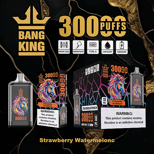 Bang King branded vape device and packaging featuring a colorful unicorn design and strawberry watermelon flavor, with icons indicating mesh coil, 30000 puffs, Type-C charging, liquid capacity, and 650mAh battery, accompanied by nicotine warning labels.