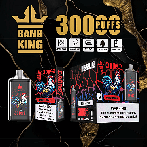 Bang King vape device and packaging featuring a colorful rooster design and labeled for 300 puffs, triple berry ice flavor, mesh coil, type-C charging, 650mAh capacity, with nicotine warning labels on the boxes.