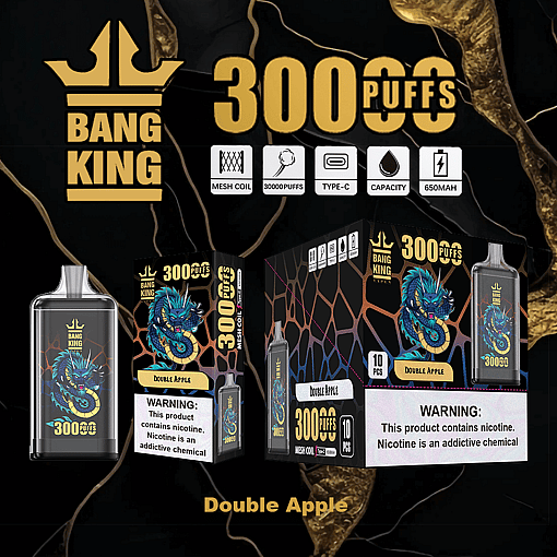 Bang King disposable vape device and packaging for Double Apple flavor, featuring a dragon graphic and highlighting 3000 puffs, mesh coil, Type-C charging, and 650mAh battery capacity