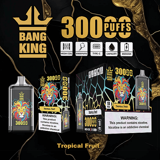 Bang King disposable vape device and packaging featuring a colorful lion graphic, labeled for 3000 puffs with tropical fruit flavor, mesh coil, Type-C charging, 650mAh capacity, and nicotine warning.