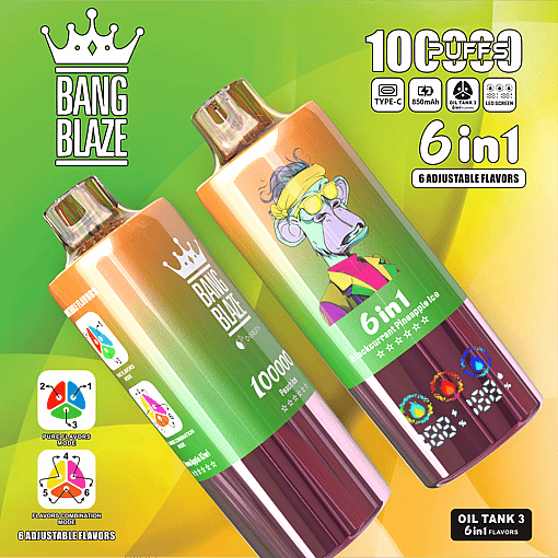 Two Bang Blaze disposable vape devices with gradient green, yellow, and purple colors, featuring a cartoon ape illustration and flavor indicators like Peach Ice and Blackcurrant Pineapple Ice, on a vibrant green and yellow background with product benefits and adjustable flavor modes displayed
