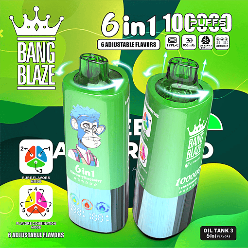 Two green Bang Blaze 6-in-1 flavored vape devices with blue monkey cartoon artwork, showing 6 adjustable flavors, 100,000 puffs capacity, type-C charging, 850mAh battery, oil tank with 3 flavor modes, and LED screens on a green and blue background.