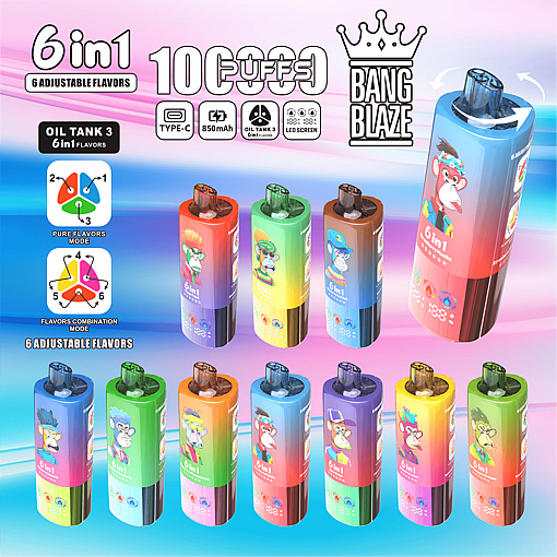 Ten colorful 6-in-1 adjustable flavor vape devices featuring cartoon monkey designs, displayed on a gradient background with product features including 10 puffs, Type-C charging, 850mAh battery, oil tank 3 technology, LED screen, and Bang Blaze branding.