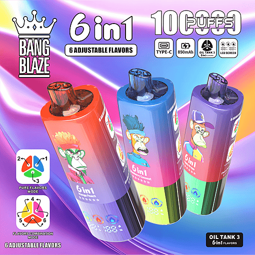 Three colorful Bang Blaze 6-in-1 disposable vape devices featuring cartoon monkey characters, set against a vibrant purple and blue gradient background with text detailing 6 adjustable flavors, 10 puffs, Type-C charging, 850mAh battery, oil tank with 3 flavors, and LED screen.