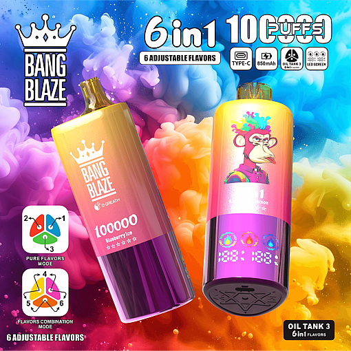 Two colorful Bang Blaze vape devices against a vibrant, smoky background; one device labeled '100000 Blueberry Ice' showing purple and yellow gradient, the other with a cartoon monkey illustration shows digital displays and symbols indicating 6 adjustable flavors, 100 PUFFS, USB Type-C, 850mAh battery, and Oil Tank 3 technology.
