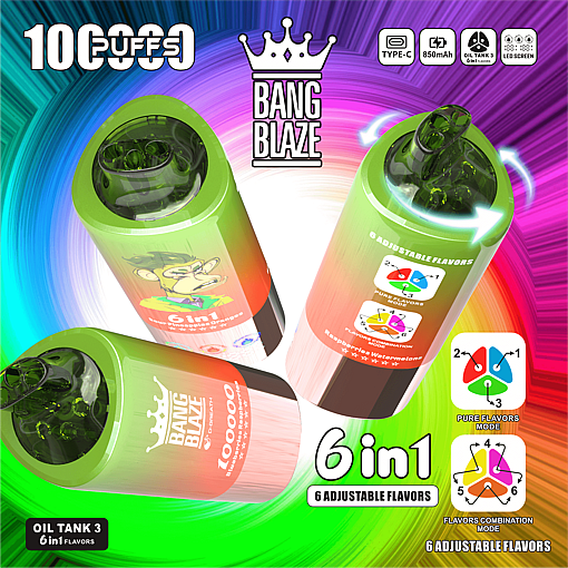 Three green and orange gradient Bang Blaze 6-in-1 vape devices with cartoon monkey logo and adjustable flavor settings displayed against a colorful spiral background with icons for Type-C charging, 850mAh battery, oil tank 3, and LED screen