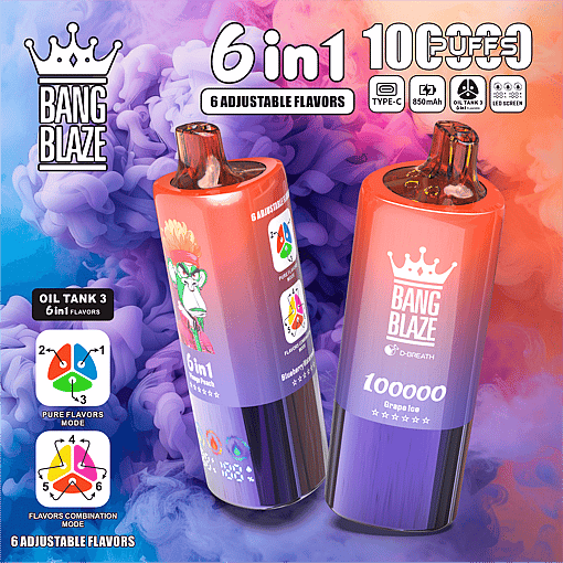 Two gradient purple and orange disposable vaping devices standing upright against a smoky blue, purple, and orange background, displaying branding 'Bang Blaze' and features text including '6 in 1', '10000 puffs', '6 adjustable flavors', and icons for Type-C charging, 850mAh battery, 6-in-1 oil tank, and LED screen.