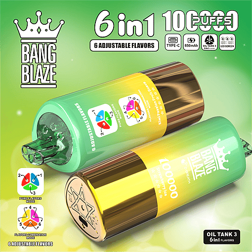 Two cylindrical Bang Blaze vaping devices in green and gold gradient with mouthpieces and markings for 6 adjustable flavors, placed on a green gradient background with icons indicating 6 in 1 adjustable flavors, 100 puffs, Type-C charging, 850mAh battery, oil tank with 3 tanks and LED screen.