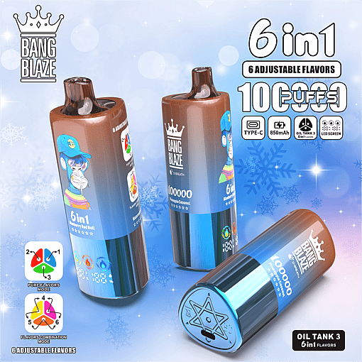 Three Bang Blaze 6-in-1 disposable vape devices with blue and brown gradient design, featuring a cartoon monkey wearing a cap, displayed against a snowy blue background, highlighting features like 100000 puffs, 6 adjustable flavors, Type-C charging, 850mAh battery, Oil Tank 3 technology, and LED screen.
