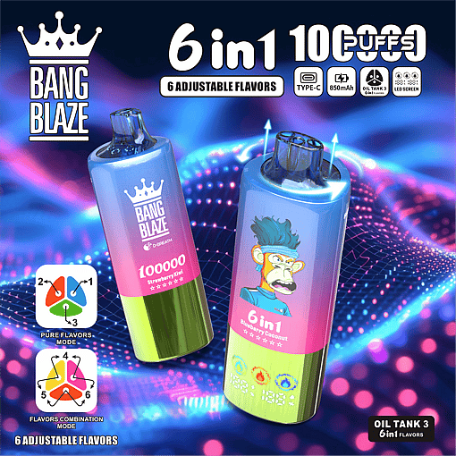 Two cylindrical vape devices with gradient color from blue to pink to green, featuring 'Bang Blaze' branding and a cartoon monkey graphic, set against a blue and purple abstract digital background with text highlighting features like '6 in 1', '100000 puffs', '6 adjustable flavors', and icons for Type-C charging, 850 mAh battery, and LED screen.