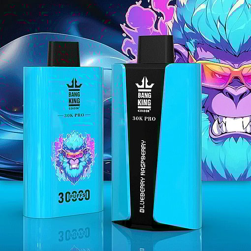 Two blue and black Bang King 30K Pro vape devices with a blue-furred cartoon gorilla wearing orange sunglasses and a purple background design, labeled with blueberry raspberry flavor and 30000 puffs.
