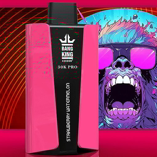 Pink and black Bang King Color 30K Pro vaping device labeled Strawberry Watermelon with a colorful roaring gorilla wearing purple sunglasses illustration in the background.
