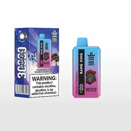 Disposable Bang King vaping device and its box with blueberry ice and black dragon ice flavors, warning label about nicotine addiction, and 3000 puffs indicated