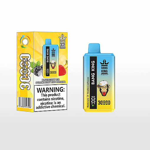 Blueberry Ice Strawberry and Banana flavored disposable vape device and its packaging with a cartoon chimpanzee face and warning label about nicotine content.