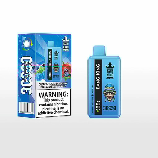 Blue Bang King disposable vaping device and its box, featuring blueberry, raspberry, and mixed moldy fruit flavors, with a nicotine warning label and an illustrated face with a blue cap on the device.