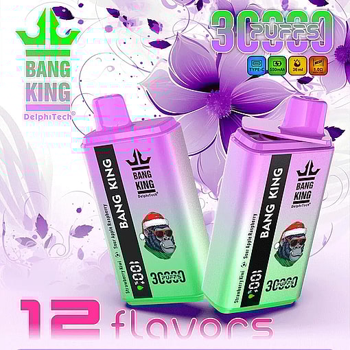 Two Bang King DelphiTech disposable vape devices in pink and green gradient colors with a gorilla wearing a Santa hat on each, positioned against a purple floral background with text highlighting 3000 puffs and 12 flavors.