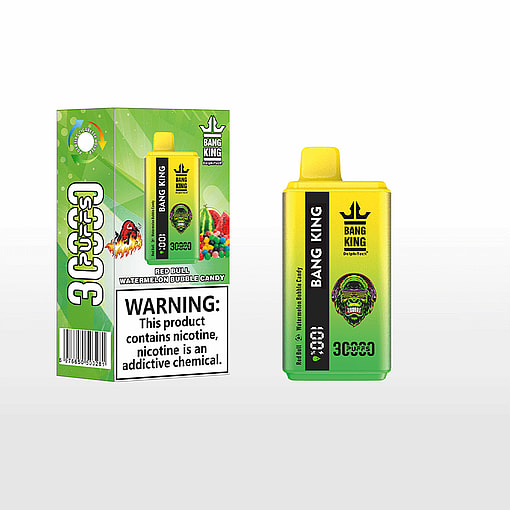 Bang King Red Bull Watermelon Bubble Candy disposable vape device in yellow and green with a gorilla logo and a warning label about nicotine on the packaging box with colorful candy and watermelon images.