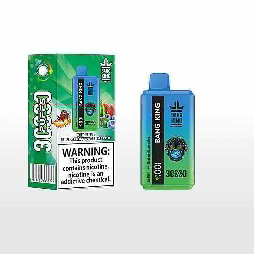 Bang King disposable vape device and its green and blue packaging, with flavors labeled as Red Bull, Blueberry, and Watermelon, and a prominent nicotine addiction warning.