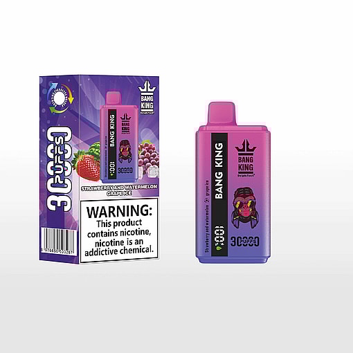 Purple and pink Bang King disposable vape device and its box featuring strawberry, watermelon, and grape images with a nicotine warning label.