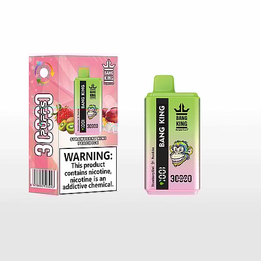 Bang King disposable vape device and its pink packaging box with images of strawberry, kiwi, and peach, featuring a colorful cartoon monkey face and a nicotine warning label