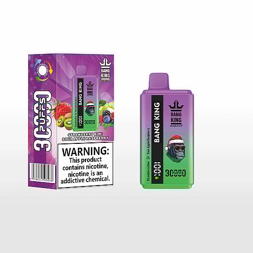 Bang King disposable vape device and its packaging in green and purple gradient with a Santa gorilla wearing sunglasses illustration, flavor labeled as Strawberry Kiwi Sour Apple Raspberry, with a nicotine warning on the box.