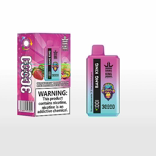 Bang King disposable vape device and its packaging featuring a colorful gradient design and an illustrated monkey with headphones, labeled with flavors strawberry, watermelon, kiwi, passion fruit, and guava, along with a nicotine addiction warning.