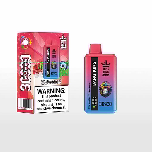 Bang King disposable vape device and packaging in watermelon ice blueberry mint flavor, featuring a colorful monkey graphic and nicotine warning label.