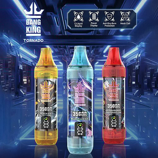 Three Bang King Tornado disposable vape devices in yellow peach ice, blue blue razz ice, and red strawberry watermelon flavors displayed against a futuristic blue corridor background with icons highlighting E-liquid display, power display, anti-dry-burn protection, and mesh coil features.